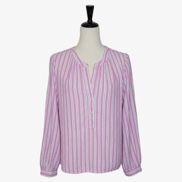 Universal Thread Pink Striped Split Button Neck Long Sleeve Gause Blouse Size S - Picture 1 of 7